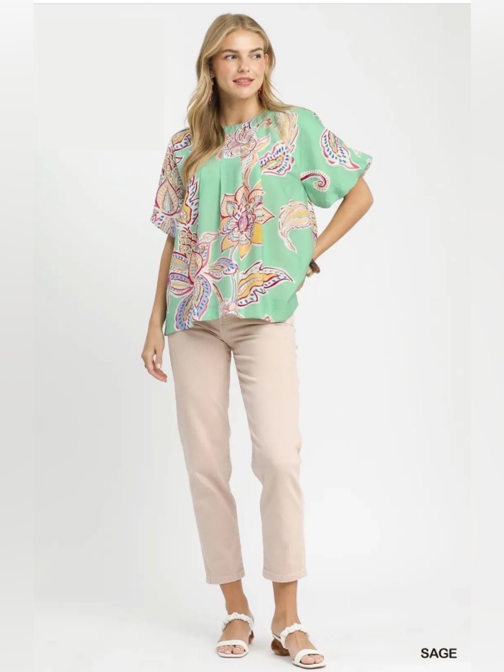 Umgee Paisley Print Puff Sleeve Top Sage Boho Oversized Blouse🛍️